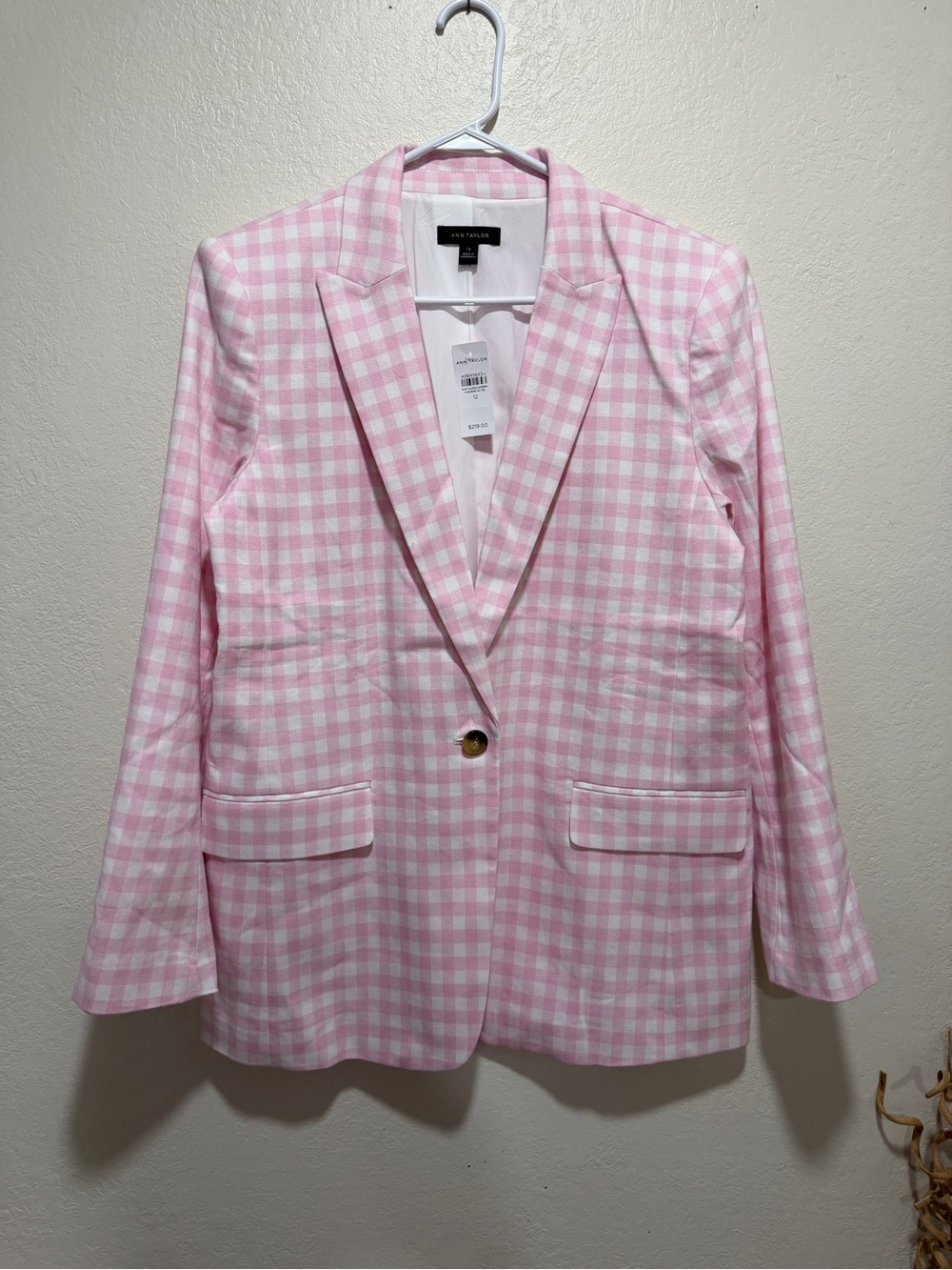 Ann Taylor Pink and White Gingham Single-Button Blazer